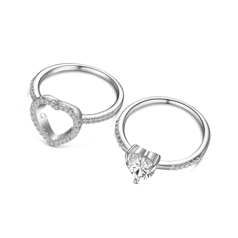 Conjunto de anillos de corazón blanco en plata de ley 925